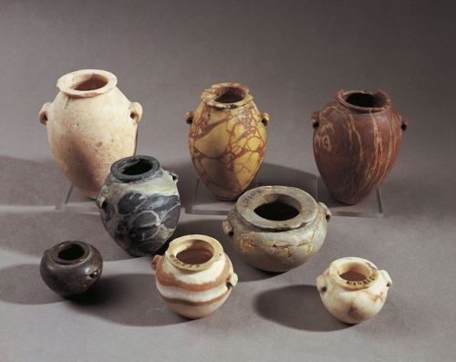 Ointment bowls and jars Ointment bowls and jars made of stone, from El-Amrah. Predynastic Period, Na