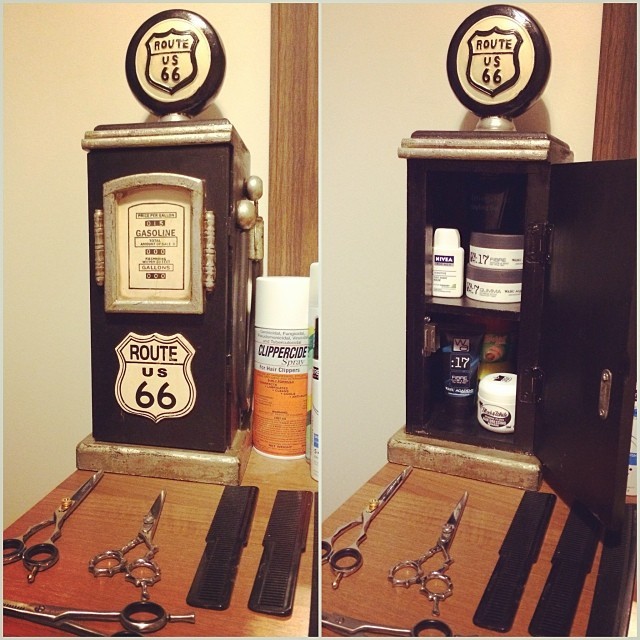 chriscutshair:  Purchased a petrol pump to store my hair products in⛽️💈#barberlife