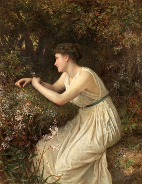 arcadiaart:Sophie Anderson (French, 1823-1903), “Antikiserande kvinna i blomsterlund”.Fo