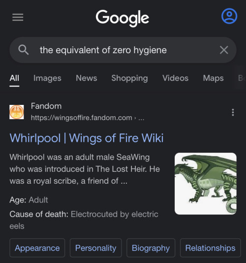 A google page with "the equivalent of zero hygeine" in the search bar. Under which is a page linking to the Wings of Fire Wiki's page about a Wings of Fire Seawing Antagonist named Whirlpool.