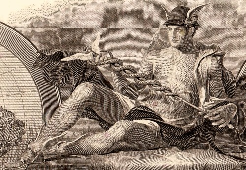 hadrian6:Mercury - Engraving from Vintage Common Stock Certificate Collins Radio Company 1966.        http://hadrian6.tumblr.com