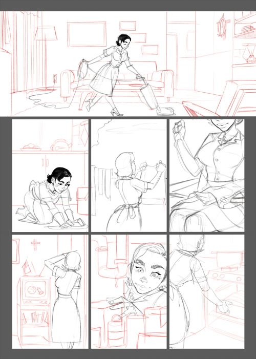 incaseart:    Since the end of “The Mess2″ I’ve been working on the new colored comic.. Can’t call this one short, since it’s going to be 18 pages.    It’s about a perfect american housewife in the 50’s who asks three young fellas to help