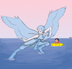 tassietyger:  Every morning at dawn Pearl and Lapis would venture out to the mid-section of the ocean where they fused together as Angelite. Steven would tag along watching Angelite from a safe distance on his life raft; as usual the boy would have a