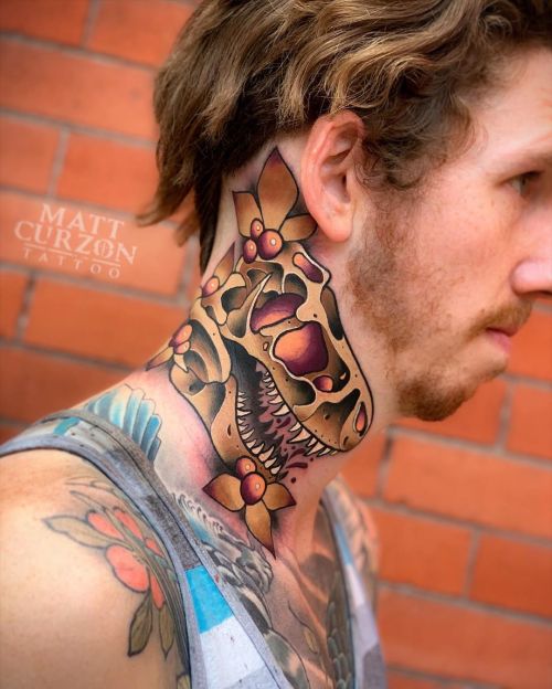 All the Piercings and Body Mods! — T-Rex Skull Neck Tattoo by MattCurzon.  Follow him...