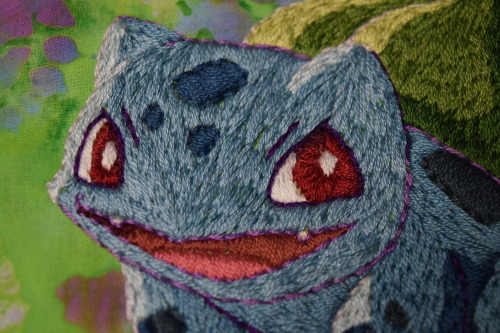 starling-stitchery:I finished all three starters!001, Grass/Poison-Type Bulbasaur004, Fire-Type Char