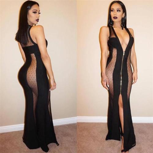 Black Lace Mesh Zipper Sexy Long Dress