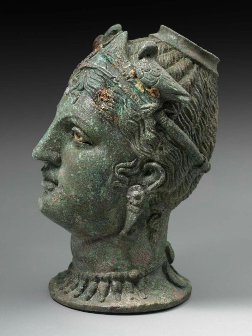 theancientwayoflife: ~Perfume jar (balsamarium) in the shape of female head (Aphrodite / Turan?). Cu