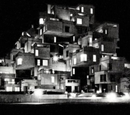 HABITAT 67 by night, Montreal. Architect Moshe Safdie, 1960s.