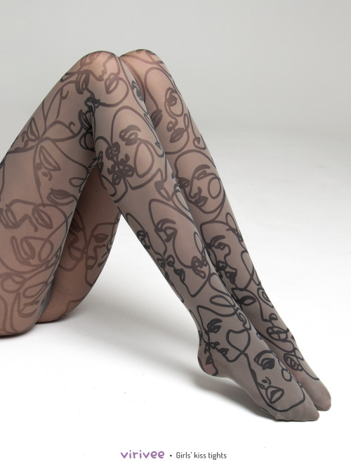 Girls’ kiss tights  Women’ s head lines print on the on grey  SEMI-OPAQUE tights.Th