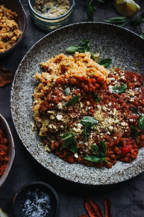 fattributes:Lentil Bolognese with Roast Veg Mash and Cashew Parmesan