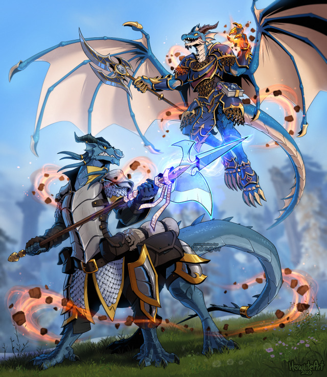 A blue dracthyr and a blue dragonspawn (centaur-shaped dragon) are ready for a battle, their expressions tense! The dracthyr is in the air, a polearm in one hand and an earth-based spell lighting up the other, with earthen protection magic around him and his friend. The dragonspawn has his halberd held up at the ready, the blade glowing with arcane magic.
