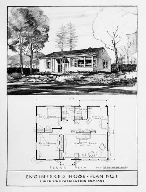 vintagehomeplans:United States, 1947: Engineered Home Plan No. 1A small prefabricated home with an u