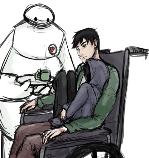 runescratch:  More for the armordashi AU.  Hiro is practically inseparable from Tadashi after they finally get him home from the hospital, often times just lazing around on him in his wheelchair and letting Tadashi roll them both around, sleeping where