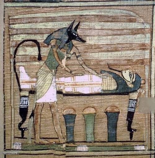 spiritsdancinginthenight:Anubis preparing the dead Papyrus of Ani, Theban Book of the Dead.
