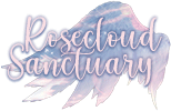 A small gif in the shape of a feathered wing with an image of a soft, pastel colored sky and small white birds flying through it. The words 'Rosecloud Sanctuary' are overlaid on the gif.