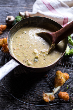 sweetoothgirl:  Broccoli Cheddar Soup with Fried Cheese Curds 