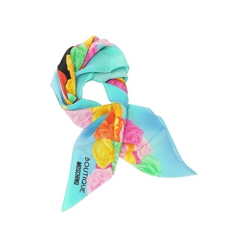 Moschino Square Scarves Boutique Moschino Light Blue and Multicolor Olive Oyl Cartoon &amp; Rose