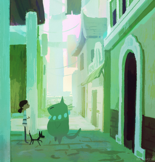 elioli-art:  The top four were inspired by some photos we took around Hollywood and Glendale (our 25 floor at DreamWorks Central building) and the blue house is from St. Simons GA. Oh yeah, and they need a subject matter, so…cats? 
