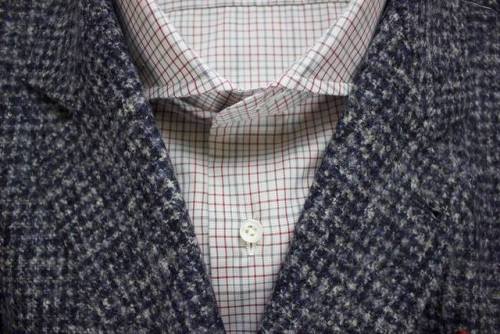 Wednesday fall fashion lay-down~ Cashmere blue check jacket by Brunello Cucinelli~ Red\Gray shirt by