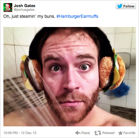 soufflegirl:  buzzfeed:  Amazon accidentally sent Josh Gates hamburger earmuffs on accident and he really made the best of it.  oh my god  