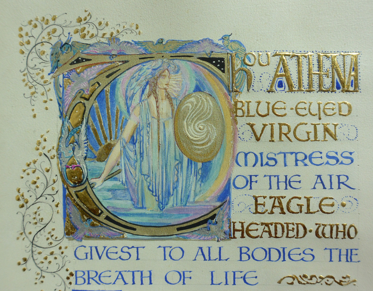 hildegardavon:
“  Jessie Bayes, 1876-1970
Athena, Hymns to the Elements, ca 1923. One of Bayes’ largest and most elaborate illuminated manuscripts. Close-up of Athena, Mistress of the Air.
Cranbrook Kitchen Sink
”