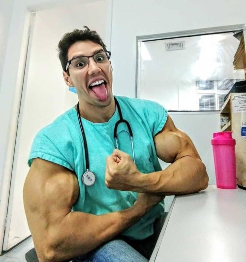 Those enhanced protein shakes are really making the male nurse bulk up