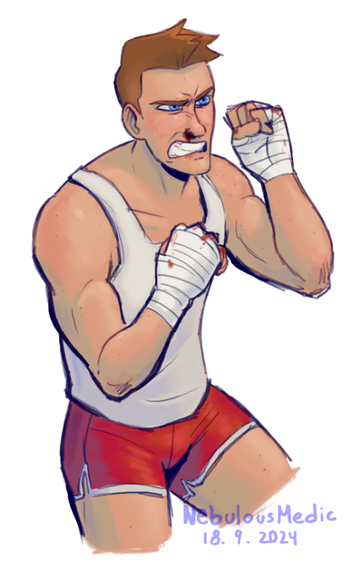 Image shows a focused Scout taking a step back, in a defensive boxing stance. He is wearing a white tank top, red shorts and bandages on his hands, his knuckles are bloody, and one of his nostrils is bleeding.