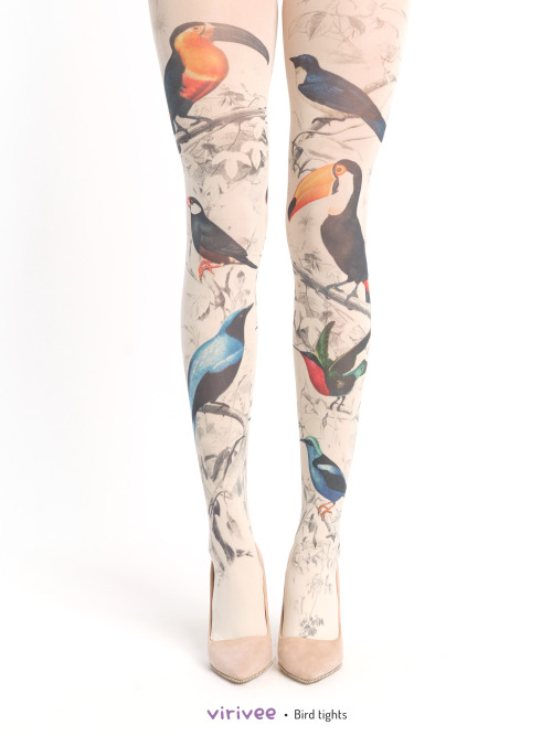 New Colorful birds tights by Virivee  Ivory opaque tights with birds print. Asymmetric pattern,