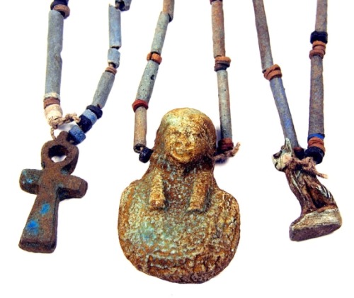 sadighgallery:Ancient Egyptian mummy beads necklace (restrung) with a faience Ankh, symbol of life; 