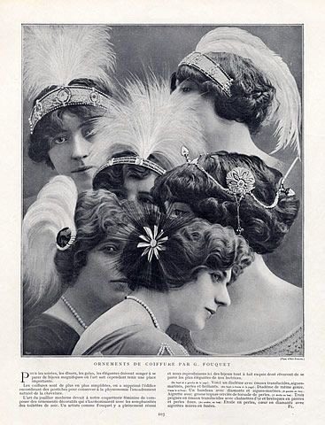 ancienthairstyles:
“Edwardian ladies display hair accessories made by French designer Georges Fouquet.
Late Art Nouveau style - 1912.
”