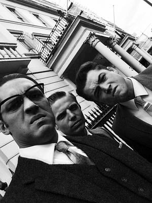 dailytomhardy:  Tom behind the scenes of ‘Legend’ with co-star Taron Egerton,