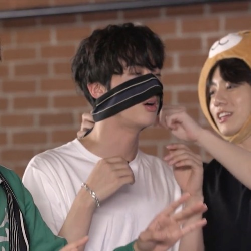 jungkook fixing seokjin’s blindfold but mostly just laughing at him