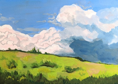 a gouache painting of a green field, with big clouds in a bright blue sky.