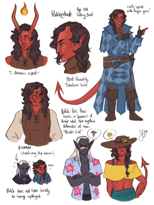 some sketches of my D&D character, Pulchritude (tiefling bard, chaotic good, they/them pronouns)