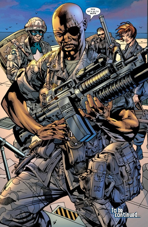 infinity-comics:  Captain America, Nick Fury, Hawkeye & Black Widow  by Bryan Hitch and Paul Neary