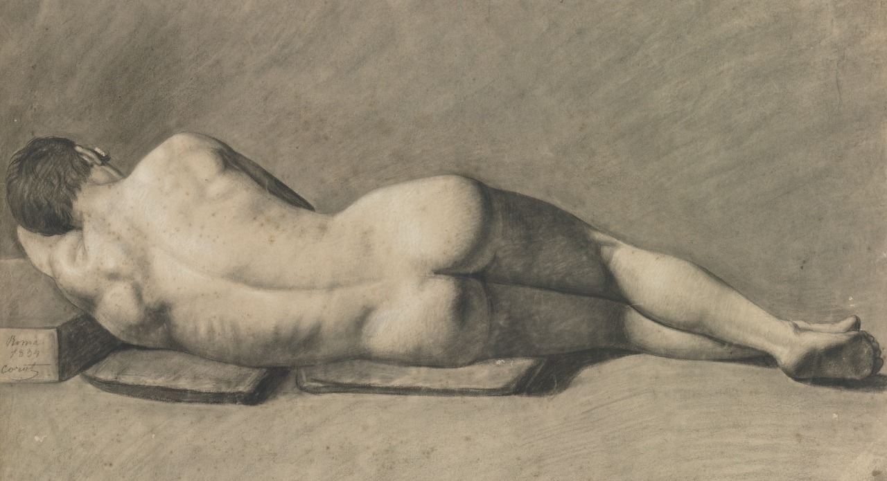 Jean Baptiste Camille Corot (1796-1875) - Male nude, charcoal and pencil heightened