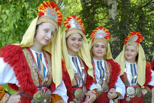 Women in traditional Macedonian dress from the Mariovo region