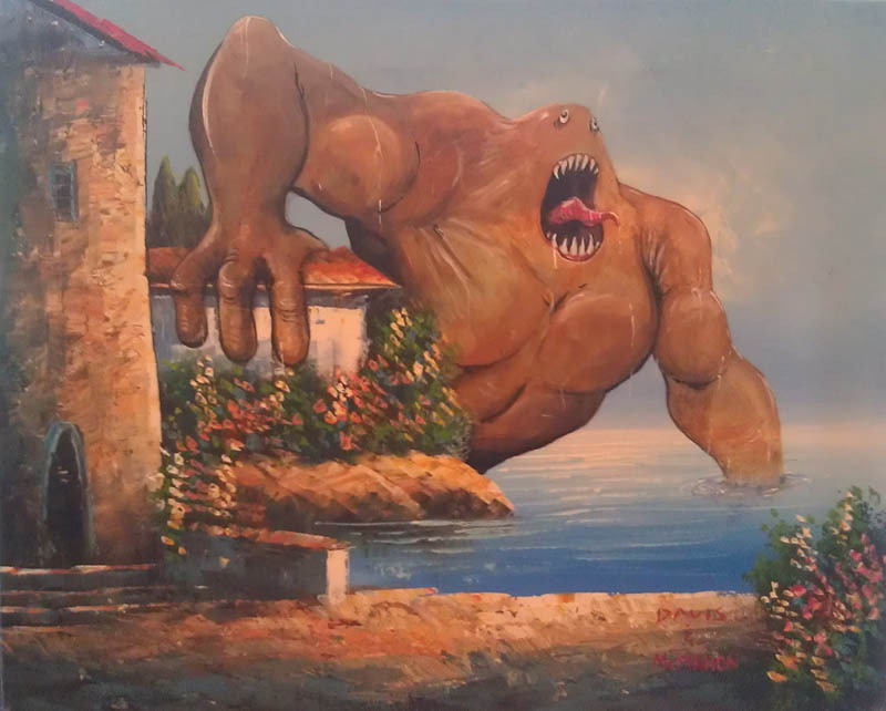 tastefullyoffensive:
“Artist Chris McMahon buys other people’s landscape paintings at thrift stores and puts monsters in them.
Previously: Artist Repaints His Own Childhood Drawings
”