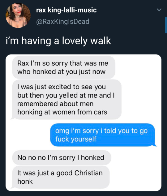 morganoperandi:arandomthot:  “good Christian honk” sounds like a euphemism     They were just so caught up in the euphoria of seeing their friend that, for a minute, they lived in this world where catcalling didn’t exist.