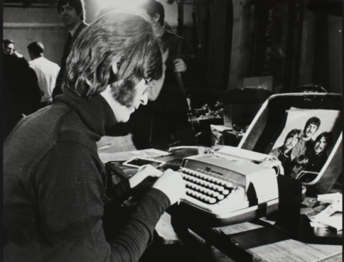 sweating-cobwebs: john lennon posting pictures of the beatles in his workspaces