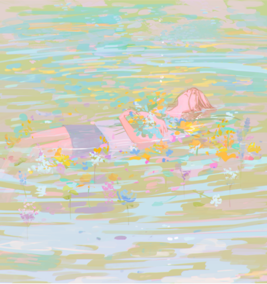 fading by amei zhao. In pastel hues, a femme figure floats in yellowing waters, clutching wildflowers.