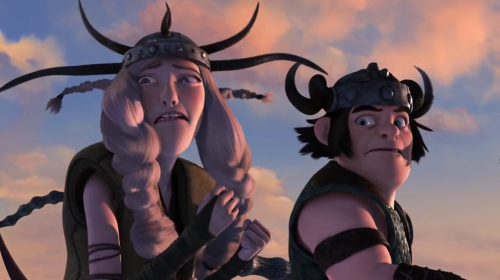 a screencap of Ruffnut and Snotlout riding Hookfang. Ruffnut has a disgusted expression, and Snotlout is judging her.