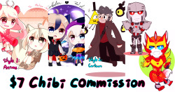 bluenovasart:  I’m opening a commission again!  //chibs only..!   I need to save money for cosplay and ordering charms for next convention ;v;  //also for botcon of course (I still want to go to botcon!) 1 chibi cost ůUSD Extra character cost ŭUSD
