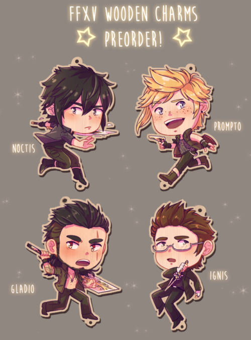 Preorder’s now available for my new FFXV Charms! These little guys are 1.5″ Wooden Charms, with gold