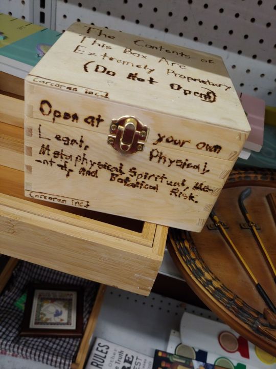 kaylapocalypse:  shiftythrifting:     I almost bought this ominous box.   “And your curse is to be what you already are” is the most threatening thing I’ve heard all week  