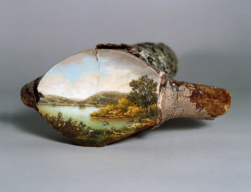 Landscapes painted on the surfaces of cut logs by Alison Moritsugu