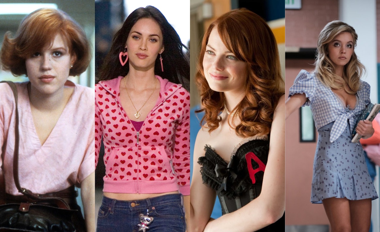 Four female characters from different pieces of media. L-R: Tracy ('The Breakfast Club'), Jennifer ('Jennifer's Body'), Olive ('Easy A'), and Cassie ('Euphoria').