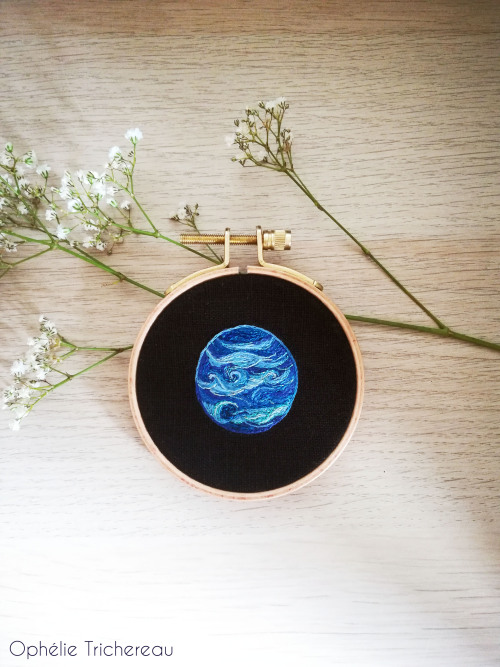 &ldquo;Neptune&rdquo;Hand embroidery.DMC embroidery threads on linen.Frame : 8cm in diameter