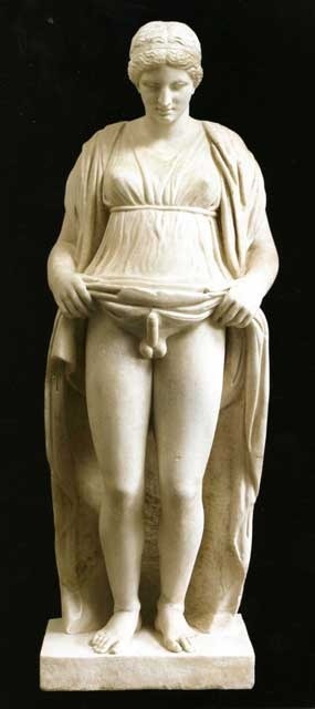 Hermaphroditus, Roman marble, Imperial period (3rd century CE) – This Hermaphroditus is called “Stante” (relieved) because carved with the male member in erection, shown by the woman’s dress lifted to the waist. Discovered in a