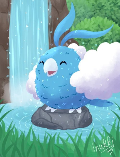 inukubiarts: Something quick. Still learning a different style. Here’s Swablu taking a bath :3